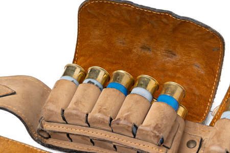 Leather hunting belt for cartridges isolated on whiteの写真素材