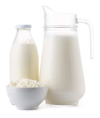Fresh dairy products milk and cottage cheeese isolated on whiteの写真素材