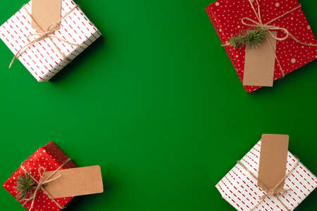 Christmas gifts with paper tag top viewの写真素材