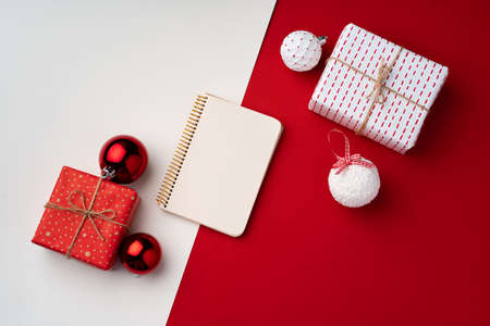 Beautiful red and white composition with Christmas giftsの写真素材