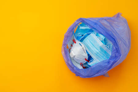 Protective equipment, masks and gloves, on an orange background
