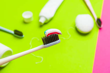 Taking care of teeth, dental concept on color backgroundの写真素材