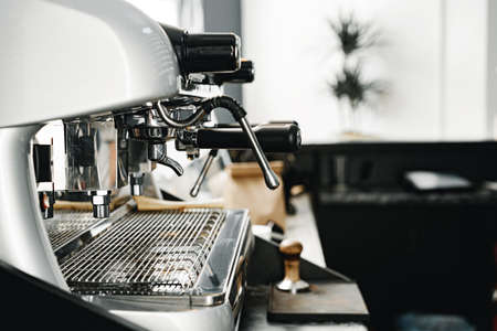 Professional coffee machine in coffee shop close upの写真素材
