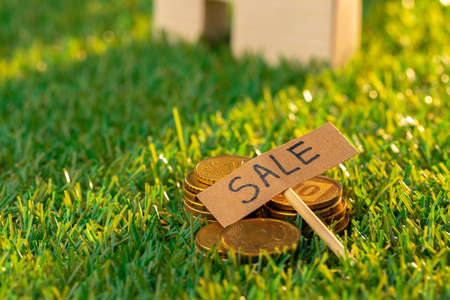 Wooden toy house on grass with sale signの写真素材