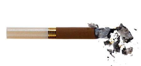 Lit brown cigarette isolated on white backgroundの写真素材
