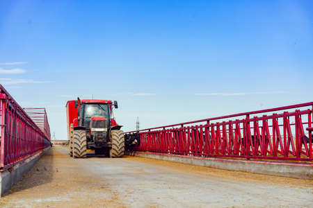 Modern red agricultural tractor in a farmの写真素材
