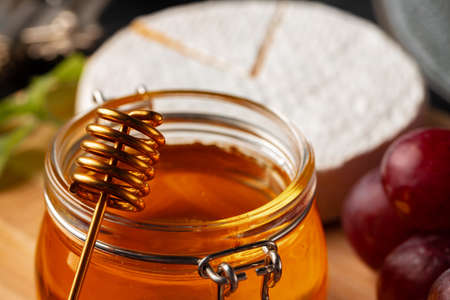 Cheese served with grapes and honey on grey surfaceの写真素材