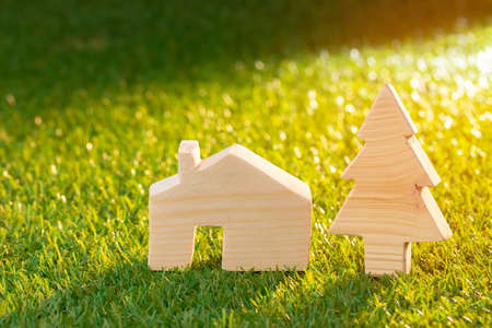 Wooden toy house miniature on grass close upの写真素材