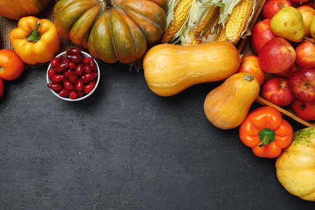 Top view of vegetable composition with pumpkins and apples on black background