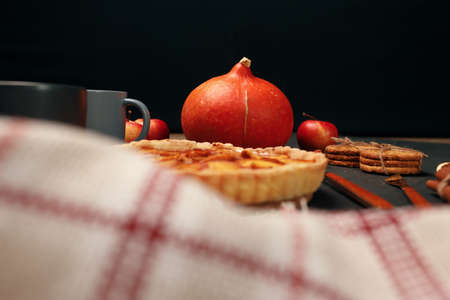 Tart pie and pumpkin on dark black surfaceの写真素材