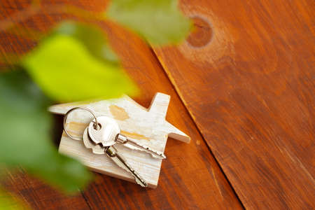 Wooden house model miniature and house keysの写真素材