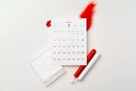 Female menstruation calendar and hygienic pads top viewの写真素材