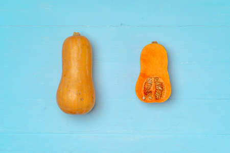Orange pumpkins on blue background top view