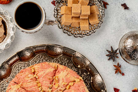 Close up photo of halva dessert on silver plate