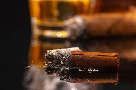 Glass of whisky and lighted cigar on black backgroundの写真素材