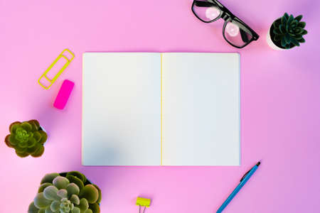 Minimalist workspace with notebook and succulent plantの写真素材