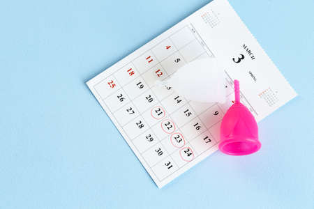 Calendar page and menstrual cup close upの写真素材