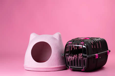Cat house and animal carrier cage close upの写真素材