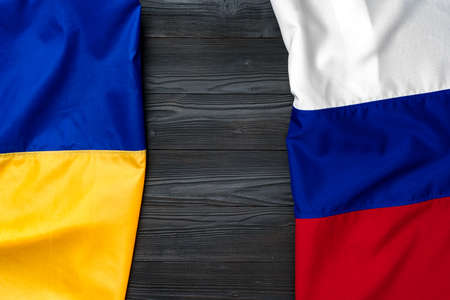 Flags of Russia and Ukraine together, copy spaceの写真素材