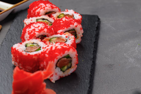 California sushi roll on plate close upの写真素材