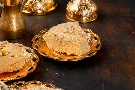 Piece of turkish halva on metal plate