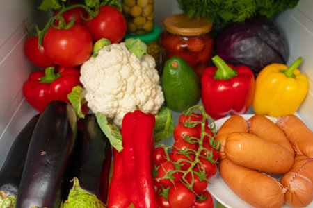 Fridge shelf full of fresh vegetables close upの写真素材