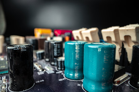 Macro photo of electronic components of a circuit boardの写真素材
