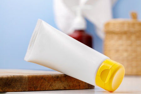 Sunscreen cosmetic containers in bathroom close up