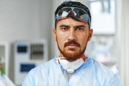Male doctor in protective medical gown standing in hospital cabinetの写真素材