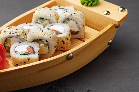 Japanese sushi roll on plate close upの写真素材