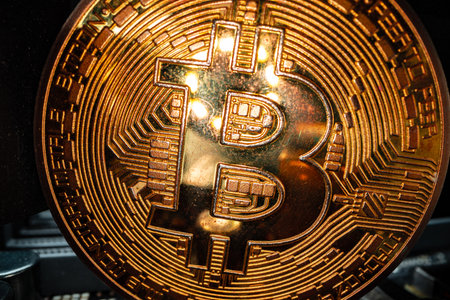 Macro photo of bitcoin cryptocurrency in the darkの写真素材
