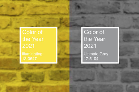 Brick wall toned into colors of the year 2021 Ultimate Gray and Illuminatingの写真素材