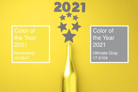 Festive background with champagne bottle and confetti in colors of the year 2021
