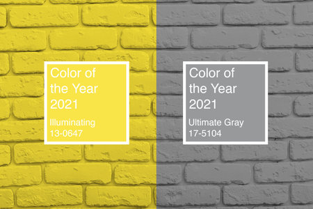 Brick wall toned into colors of the year 2021 Ultimate Gray and Illuminatingの写真素材