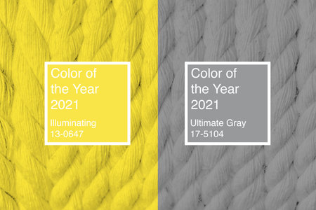 Knitted sweater texture toned into colors of the year 2021 Ulltimate Gray and Illuminatingの写真素材