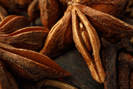 Macro photo of anise stars on wooden backgroundの写真素材