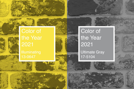 Brick wall toned into colors of the year 2021 Ultimate Gray and Illuminatingの写真素材
