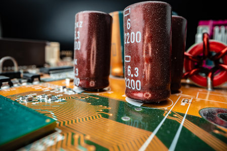 Macro photo of electronic components of a circuit boardの写真素材