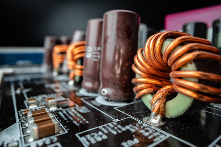 Macro photo of electronic components of a circuit boardの写真素材