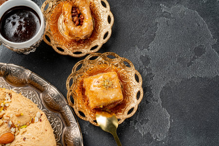 Piece of Turkish baklava in golden arabic plate