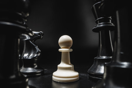 Chess game with chess pieces against black backgroundの写真素材