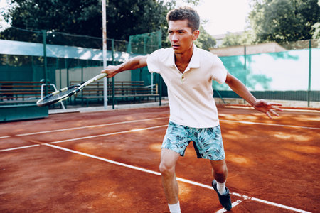Fit man plays tennis on tennis fieldの写真素材