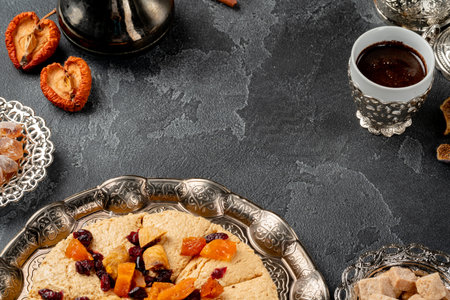 Halva with dried fruits on arabic dishwareの写真素材