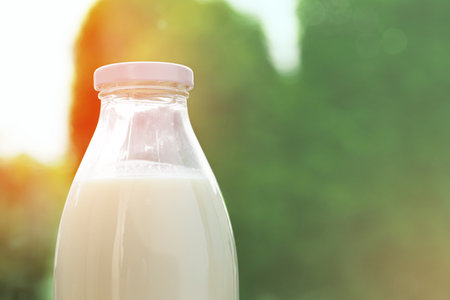 Bottle of milk against the background of green foliageの写真素材
