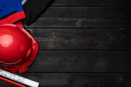 Construction worker unifrom, hardhat and blueprints on wooden backgroundの写真素材