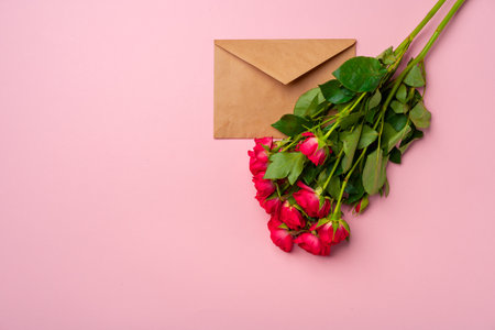Bouquet of roses and envelope top viewの写真素材