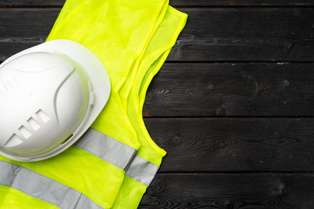 Construction worker hardhat and fluorescent vest top viewの写真素材