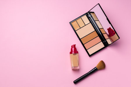 Make up palette with brush on pink backgroundの写真素材