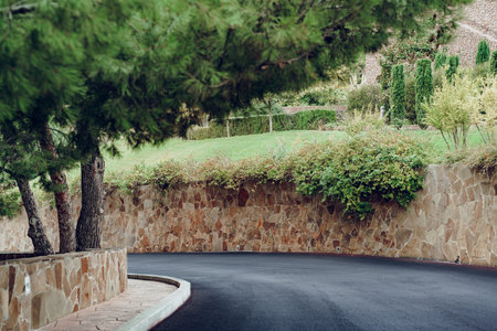 Picturesque concrete slope walkway with plants on the sidesの写真素材