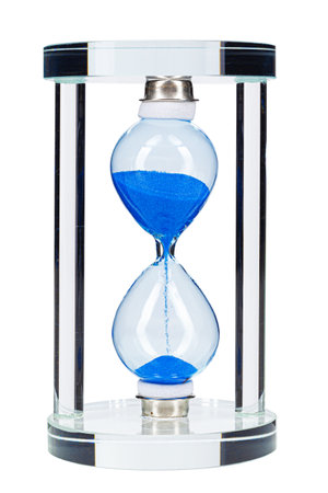 Blue hourglass isolated on white background close up